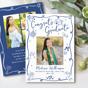 Blue Hand Drawn Doodles Graduation 4 Photo White Announcement