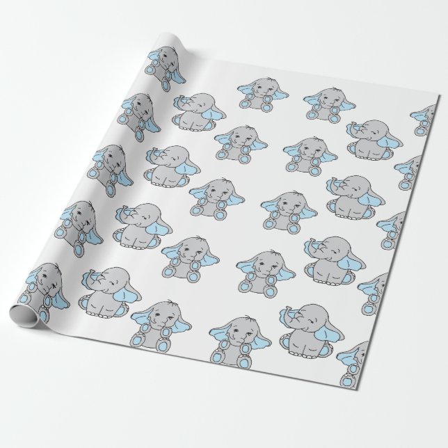 Blue Hand Drawn Elephant Pattern Elephant Cartoon Wrapping Paper (Unrolled)