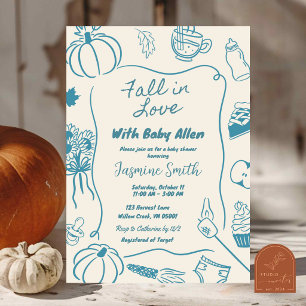 Blue Hand Drawn Fall in Love Boy Baby Shower Invitation