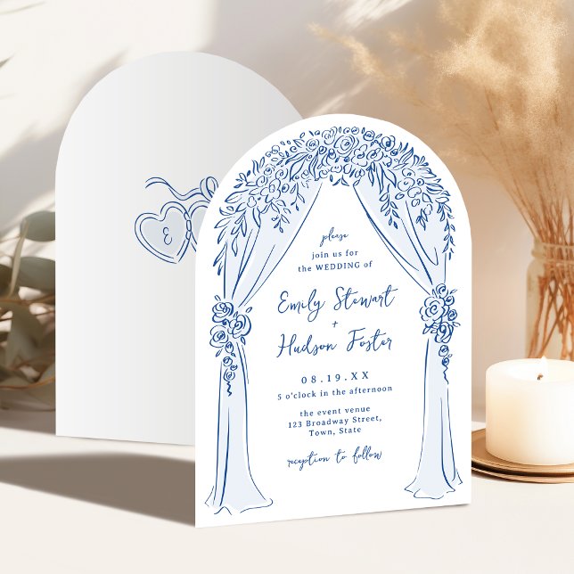 Blue Hand Drawn Floral Arch Whimsical Wedding Invitation (Blue Hand Drawn Floral Arch Whimsical Wedding Invitation)