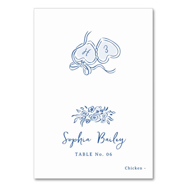 Blue Hand Drawn Floral Foldable Place Card (Front)