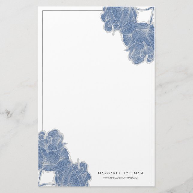 Blue Hand Drawn Flowers Peonies Stationery (Front)