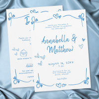 Blue Hand Drawn Heart Whimsical Modern Wedding