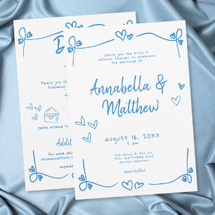 Blue Hand Drawn Heart Whimsical Modern Wedding Invitation