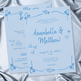 Blue Hand Drawn Heart Whimsical Modern Wedding Invitation