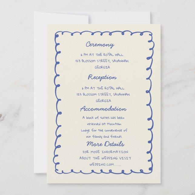 Blue hand drawn heart Whimsical Wedding details Invitation (Front)