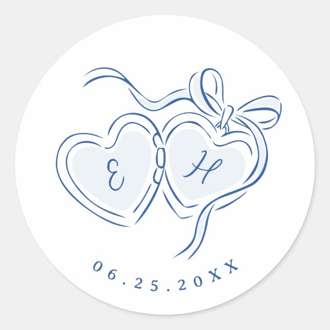 Blue Hand Drawn Hearts Monogram Whimsical Wedding Classic Round Sticker (Front)