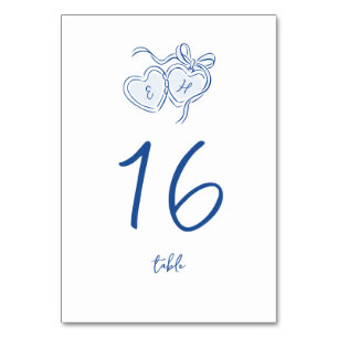 Blue Hand Drawn Hearts Monogram Whimsical Wedding Table Number