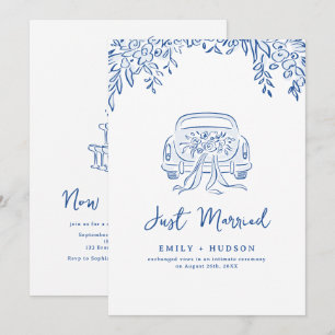 Blue Hand Drawn Just Married Car Whimsical Invitation