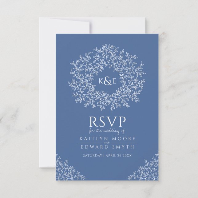 Blue hand drawn leaf monogram RSVP wedding Card (Front)