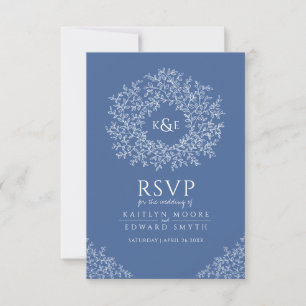 Blue hand drawn leaf monogram RSVP wedding Card
