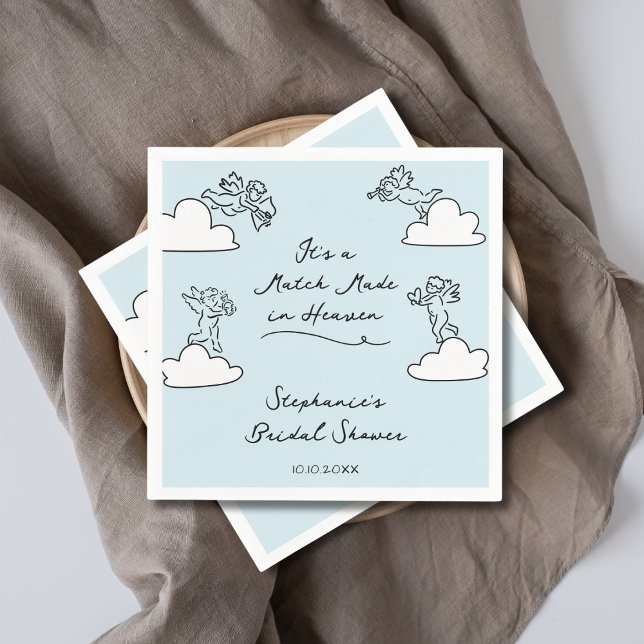 Blue Hand Drawn Match Made In Heaven Bridal Shower Napkin (Creator Uploaded)