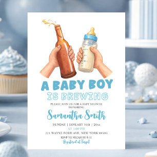 Blue Hand Drawn Minimalist A baby Boy is brewing Invitation