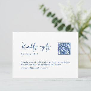 Blue Hand Drawn Monogram Whimsical Wedding QR code RSVP Card