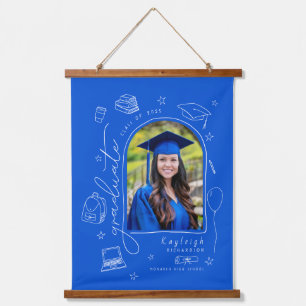 Blue Hand Drawn Photo Graduation Hanging Tapestry