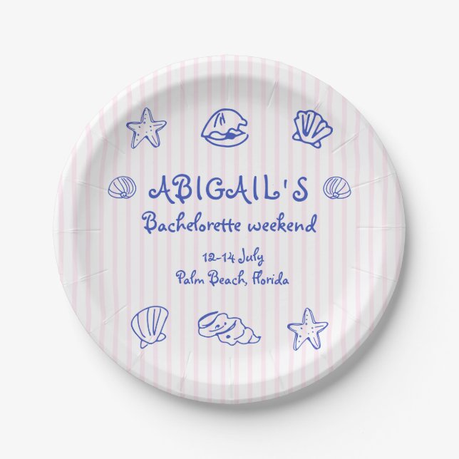 Blue hand drawn scribble sea shells bachelorette paper plate (Front)