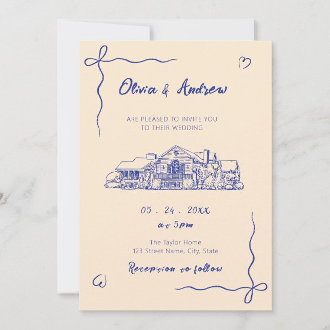 Blue Hand Drawn Sketch Venue Wedding Invitation (Front)