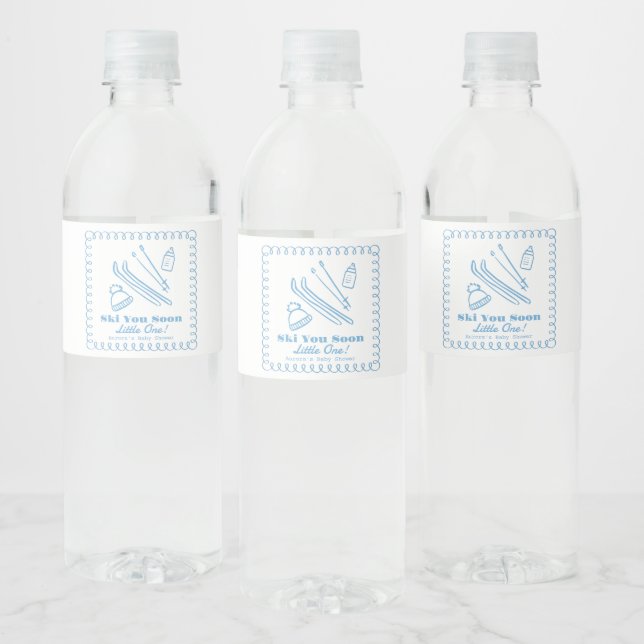 Blue Hand-Drawn Ski You Soon Boy Baby Shower Water Bottle Label (Bottles)