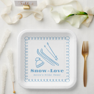 Blue Hand-Drawn Snow in Love Bridal Shower Paper Plate