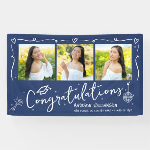 Blue Hand Drawn Style Doodles Graduation 3 Photo Banner