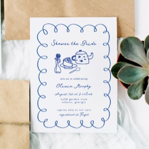 Blue Hand Drawn Whimsical Cake Tea Bridal Shower Invitation
