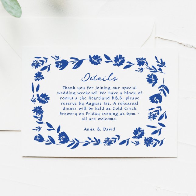 Blue Hand Drawn Whimsical Flower Wedding Details RSVP Card (Creator Uploaded)