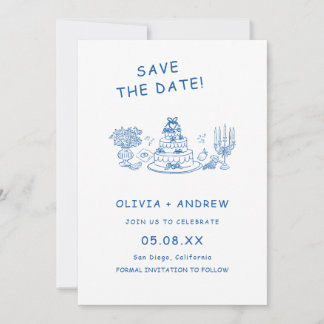 Blue Hand Drawn Whimsical Wedding Save The Date Invitation