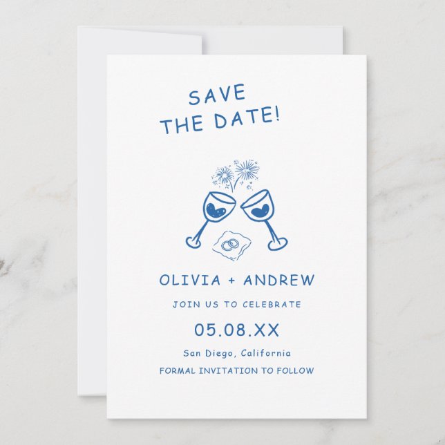 Blue Hand Drawn Whimsical Wedding Save The Date  Invitation (Front)