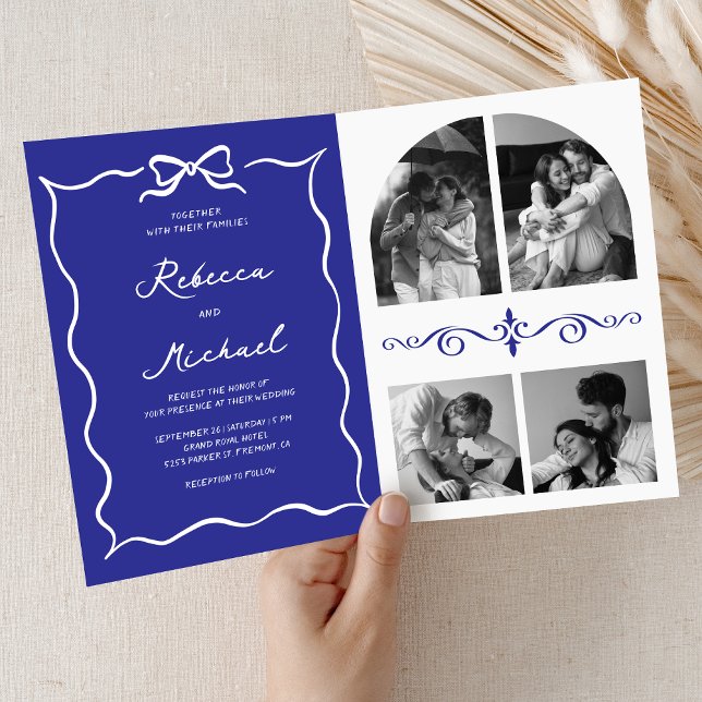 Blue Hand Drawn White Bow QR Code Photo Wedding Invitation (Creator Uploaded)