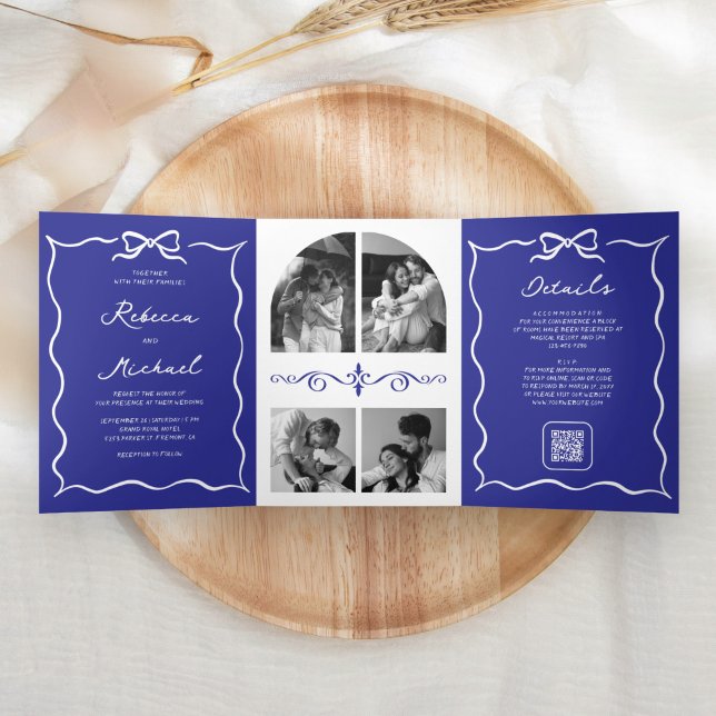 Blue Hand Drawn White Bow QR Code Photo Wedding Tri-Fold Invitation (Creator Uploaded)