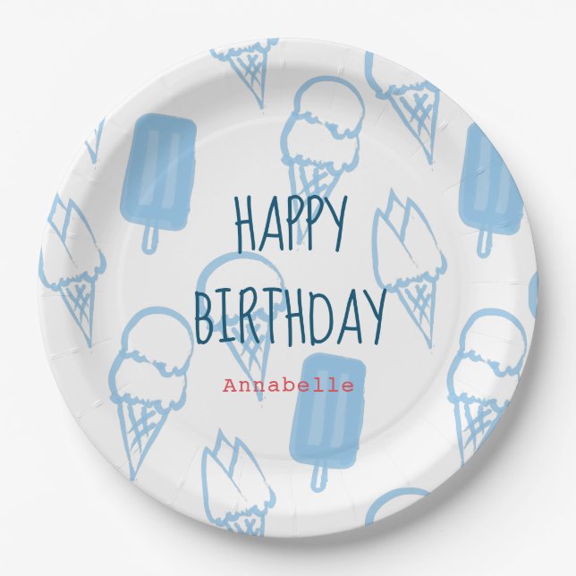 Blue Hand Painted Ice Cream Pattern Birthday Paper Plate (Front)