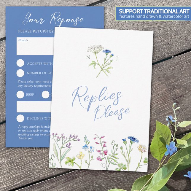 Blue hand wildflower watercolor RSVP wedding (Creator Uploaded)