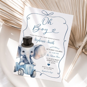 Blue Handdrawn Bow Elephant Baby Shower Boy Invitation