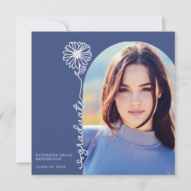 Blue Handwritten Floral Photo Graduation Invitation (Front)