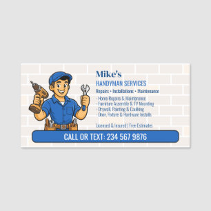Blue Handyman Cartoon Tool Belt QR Home Repair Name Tag