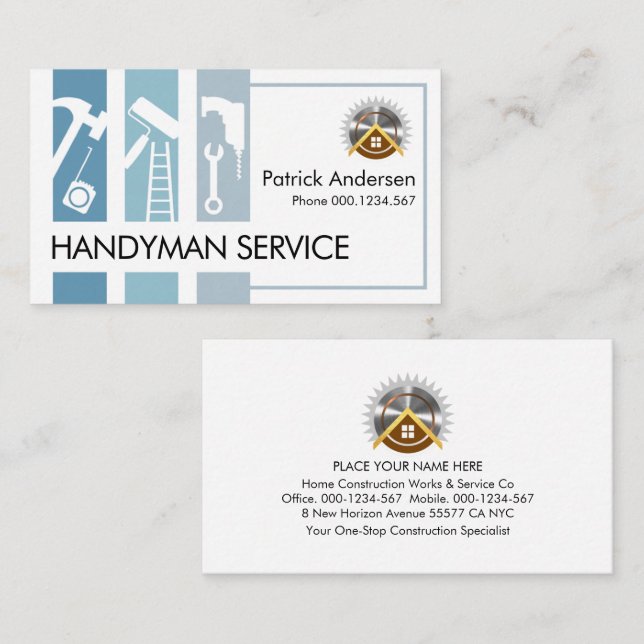 Blue Handyman Tools Tab Building Business Card (Front/Back)