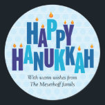 Blue Hanukkah Candle Lights Classic Round Sticker<br><div class="desc">The greeting "Happy Hanukkah" is spelled out in tonal blue colours on this sticker. The stacked letters serve as a menorah with small flames burning on top of nine "candle letters". The pale blue background is made up of interlocking Stars of David. Add your own message below or delete the...</div>