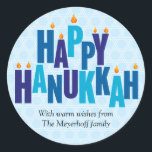 Blue Hanukkah Candle Lights Classic Round Sticker<br><div class="desc">The greeting "Happy Hanukkah" is spelled out in tonal blue colours on this sticker. The stacked letters serve as a menorah with small flames burning on top of nine "candle letters". The pale blue background is made up of interlocking Stars of David. Add your own message below or delete the...</div>