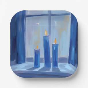 Blue Hanukkah Candles Watercolor Paper Plate