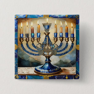 Blue Hanukkah Menorah 15 Cm Square Badge