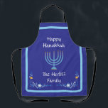 Blue HANUKKAH Menorah Customise NAME Apron<br><div class="desc">Personalise
Add your name and customise your Holiday Season message.
 I love painting and design! I hope you enjoy my artwork.</div>