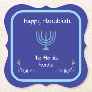 Blue HANUKKAH Menorah Customise NAME Paper Coaster