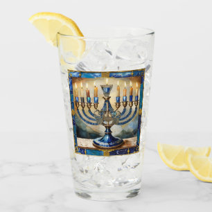 Blue Hanukkah Menorah Glass