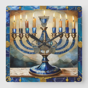 Blue Hanukkah Menorah Square Wall Clock