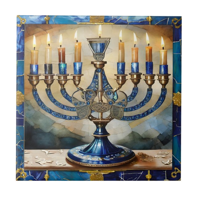 Blue Hanukkah Menorah Tile (Front)