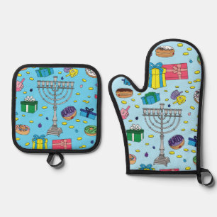 Blue Hanukkah Pattern Oven Mitt & Pot Holder Set