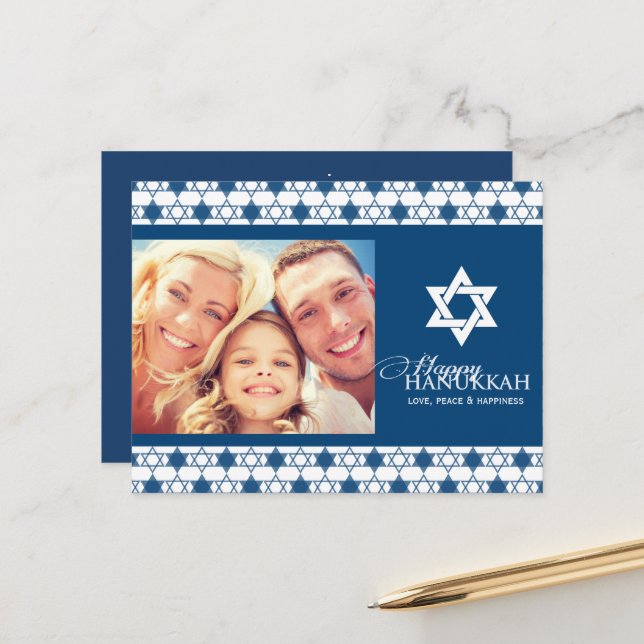 Blue Hanukkah Stars Of David Pattern Photo Modern Holiday Postcard (Front/Back In Situ)
