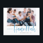 Blue Happiest Hanukkah Brush Calligraphy Photo Holiday Postcard<br><div class="desc">Happiest Hanukkah! Send holiday greetings to your loved ones with this hand-lettered Happy Hanukkah postcard. It features blue brush modern calligraphy with a matching delicate snow pattern. Personalise by adding a photo,  names,  date and message. This festive blue calligraphy holiday postcard is available in other colours and products.</div>