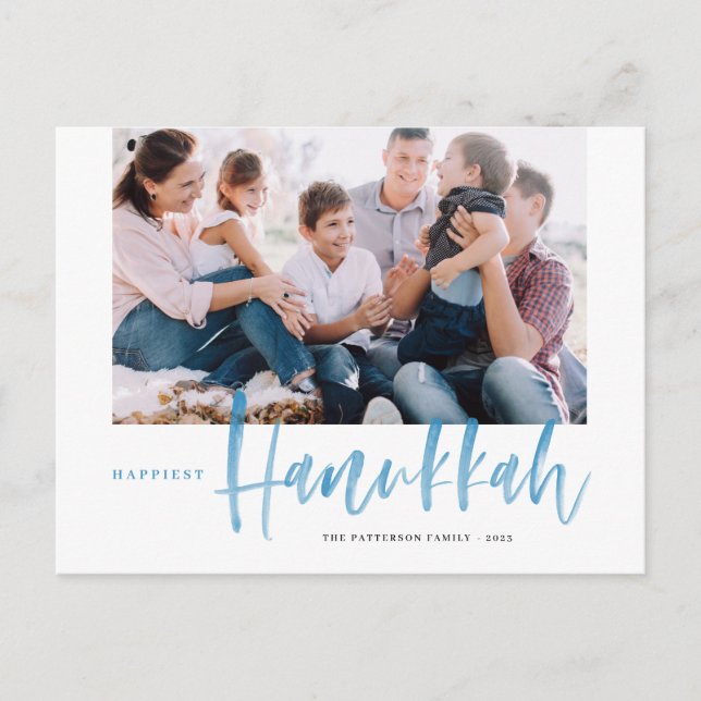 Blue Happiest Hanukkah Brush Calligraphy Photo Holiday Postcard (Front)