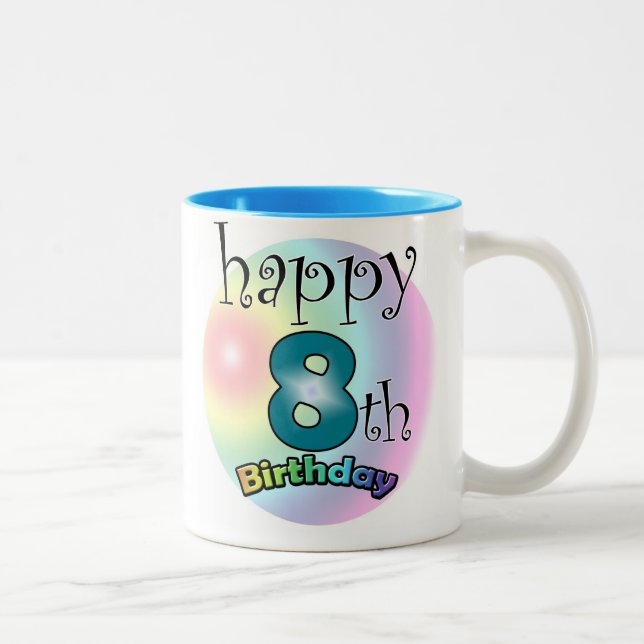 Blue Happy 8th Birthday Two-Tone Coffee Mug (Right)